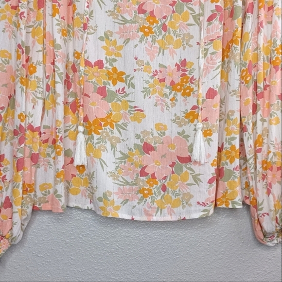 Joie Vivette Pink Orange Size L Smocked Tassel Tie Keyhole Peasant Boho Top - Picture 5 of 12